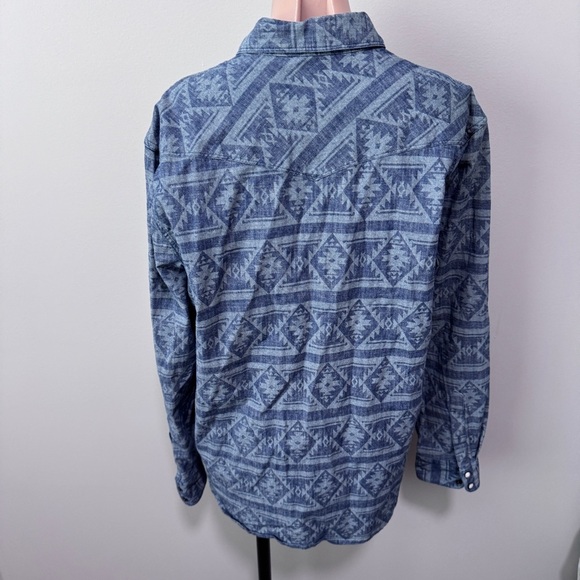 Lucky Brand Men’s Blue Aztec Denim Pearl Snap Shirt Western Saturday Stretch - Picture 4 of 5